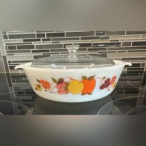 Vtg Anchor Hocking Fire King #438 2qt CASSEROLE DISH Fruit "Hildi" W/Lid